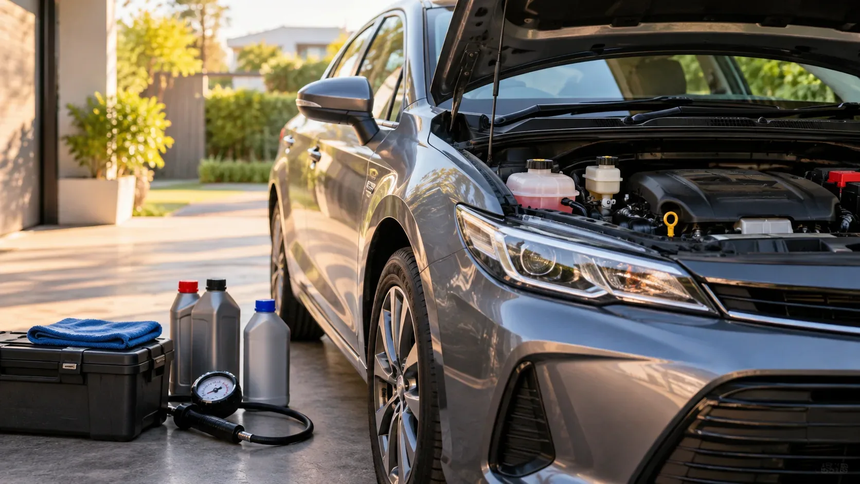 Carro cinza parado em garagem com capô aberto, bateria e reservatórios visíveis, manômetro, ferramentas e frascos de fluidos ao lado do pneu dianteiro.