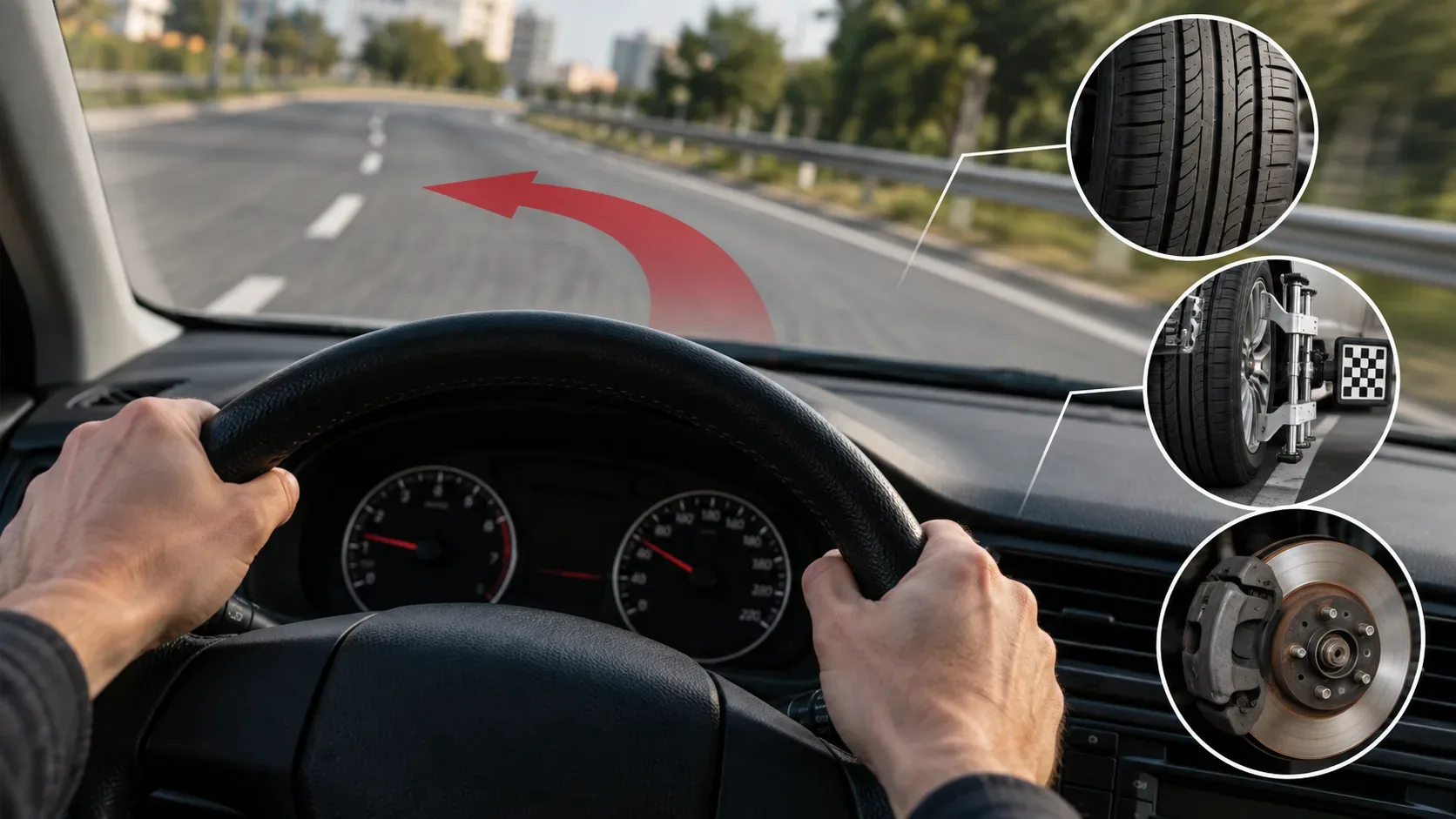 Motorista segura o volante enquanto uma seta mostra o carro desviando na via; ao lado, detalhes de pneu, alinhamento e disco de freio.