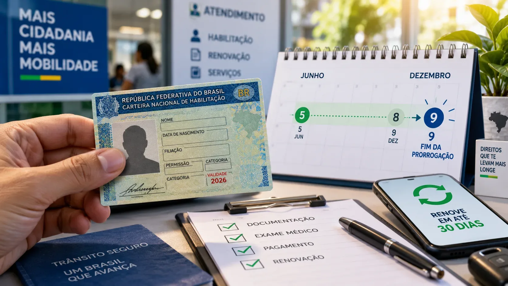 Mão segurando uma CNH ao lado de calendário de junho a dezembro de 2026, celular com símbolo de renovação e checklist de documentação.