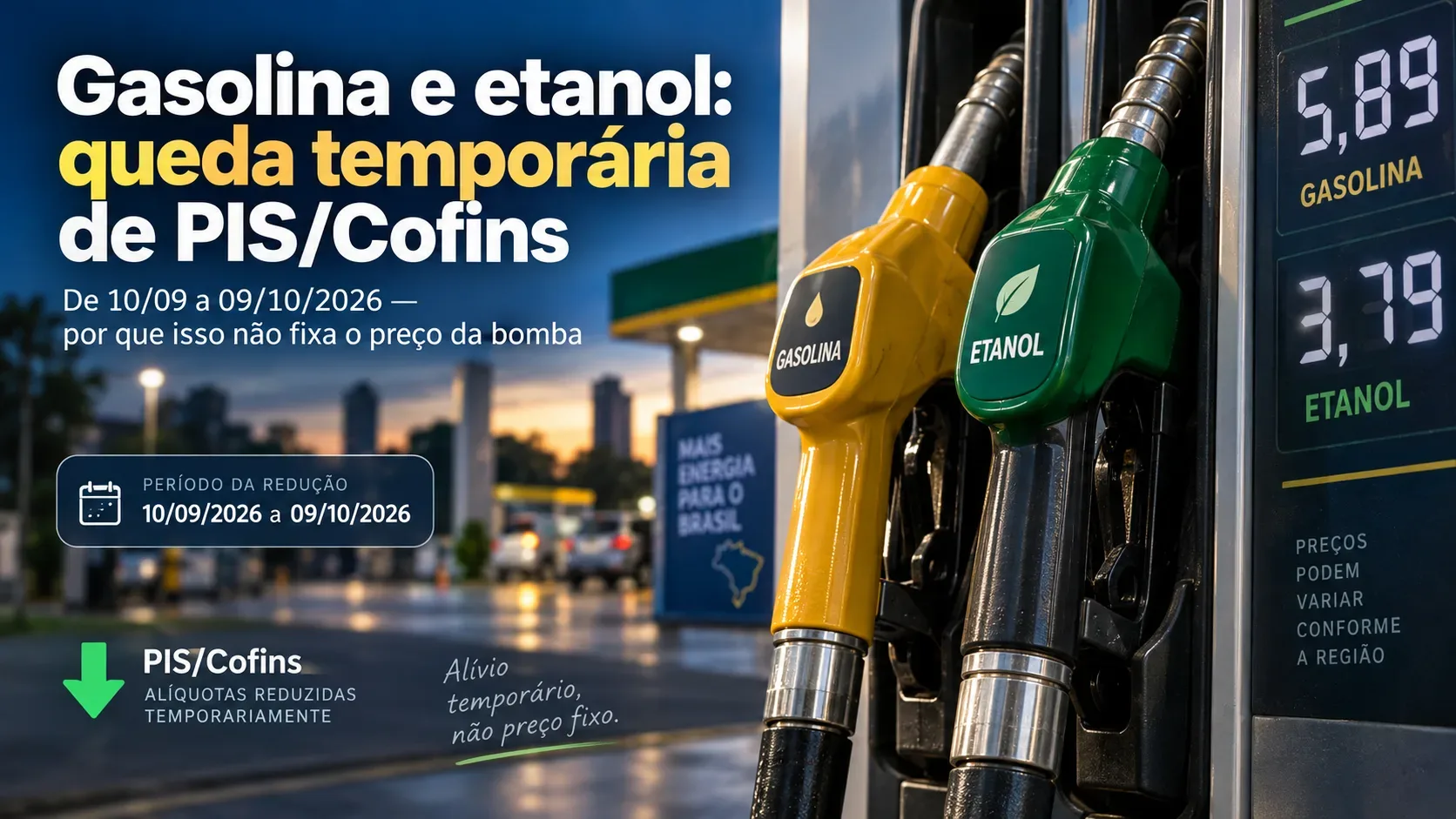 Bicos de abastecimento de gasolina e etanol em posto urbano, com painel de preços ao lado.