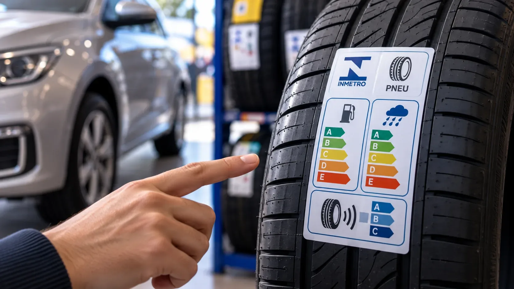 Pneu em primeiro plano numa loja automotiva, com etiqueta de eficiência fixada à banda de rodagem e uma mão apontando para os indicadores, com carro desfocado ao fundo.