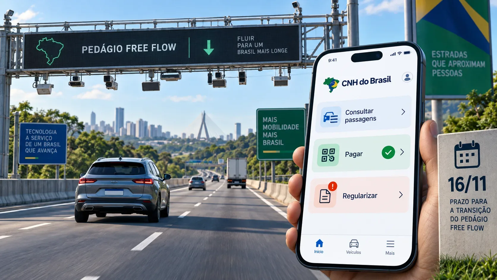 Rodovia com pórtico de pedágio free flow e celular exibindo a CNH do Brasil, com opções de consulta, pagamento e regularização e indicação de 16/11.