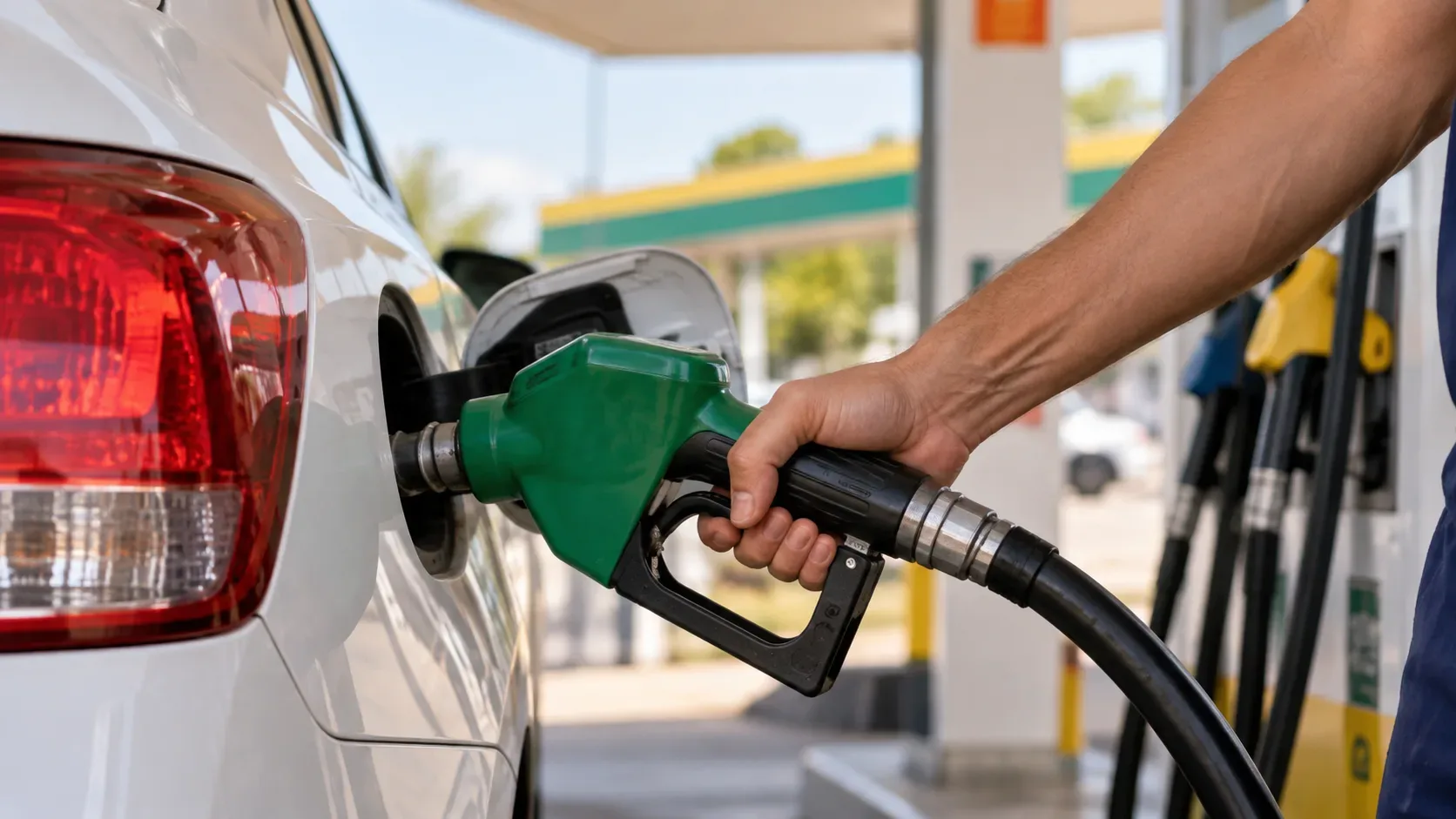 Bico verde de combustível abastecendo um carro branco em um posto, com bombas e cobertura desfocadas ao fundo.