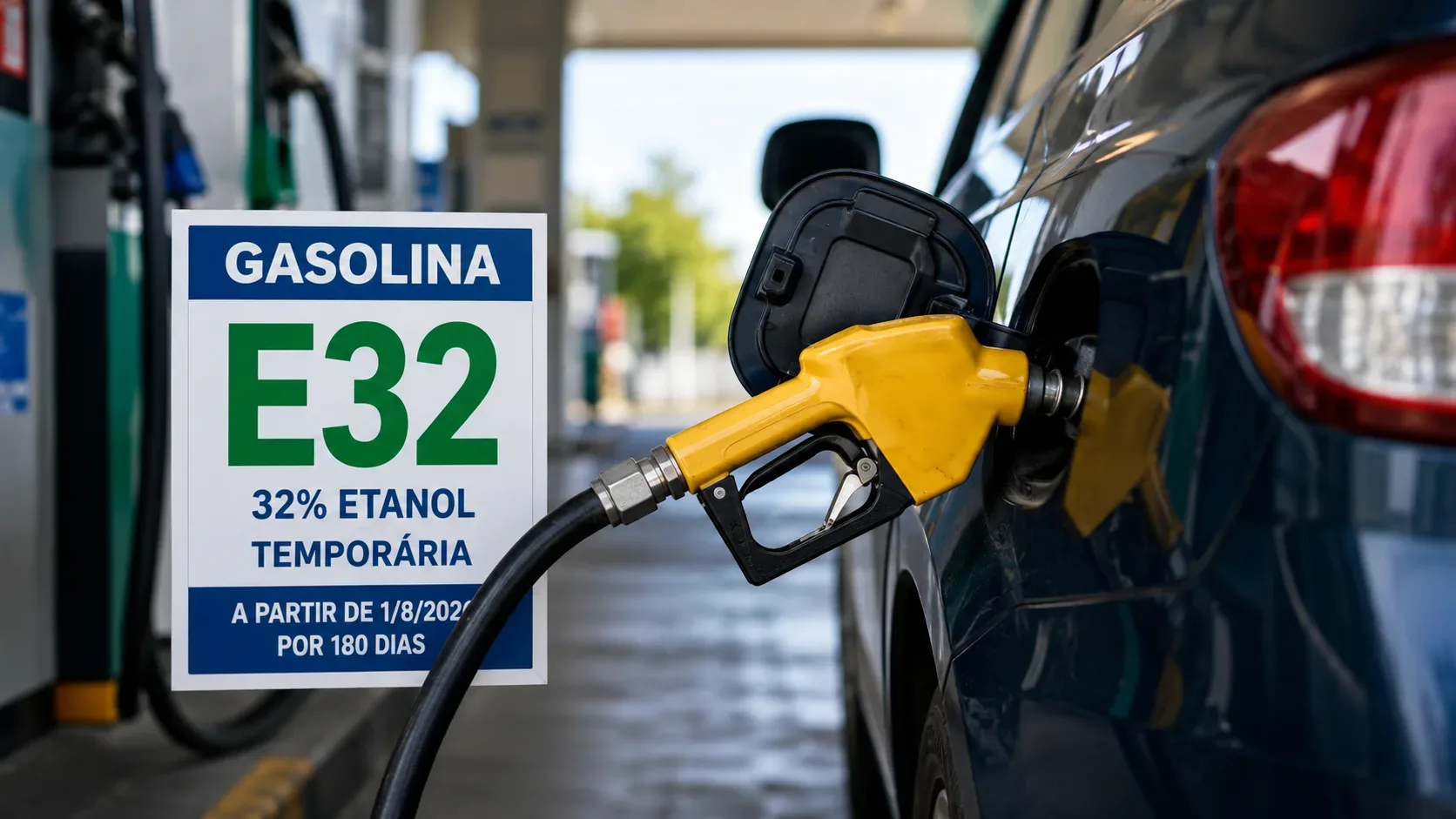 Carro escuro sendo abastecido com bico amarelo ao lado de placa E32 em um posto de combustíveis.