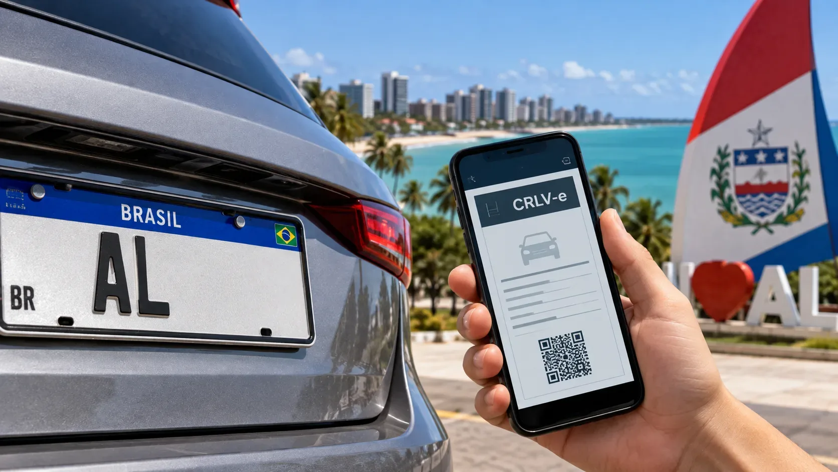 Carro com placa identificada por AL ao lado de celular exibindo CRLV-e, com litoral de Alagoas ao fundo.