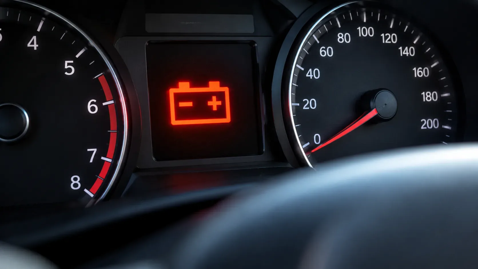 Painel de automóvel com símbolo vermelho de bateria aceso entre os mostradores de rotação e velocidade.
