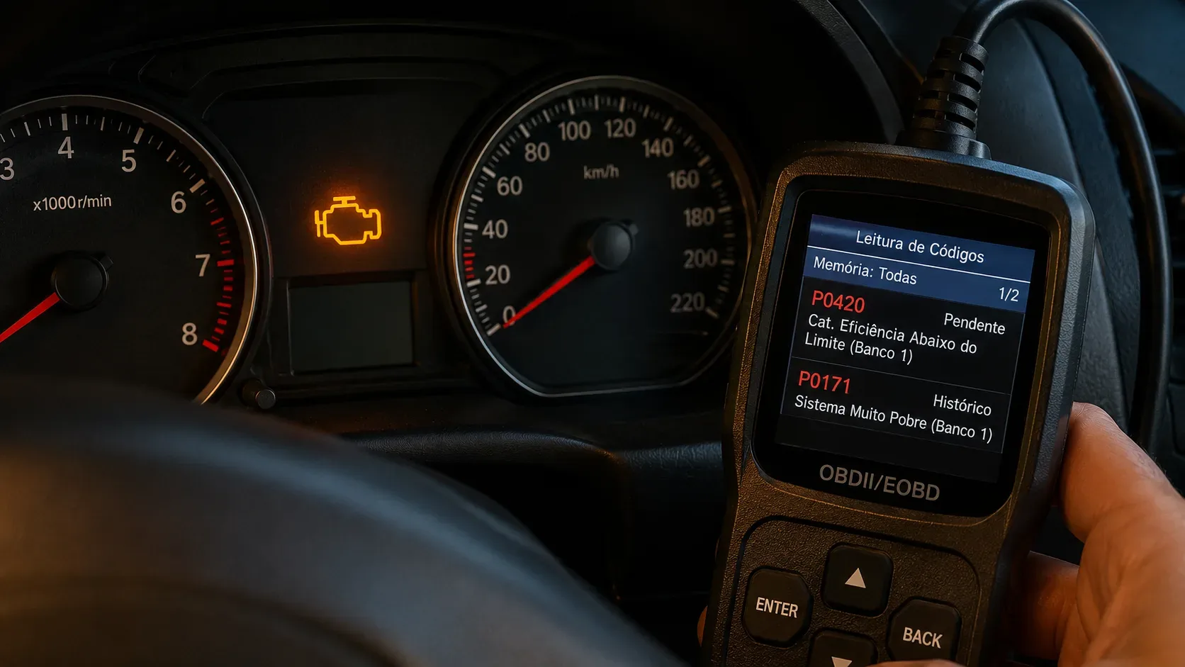 Painel de carro com luz da injeção acesa ao lado de scanner OBD exibindo códigos de falha pendente e histórico.