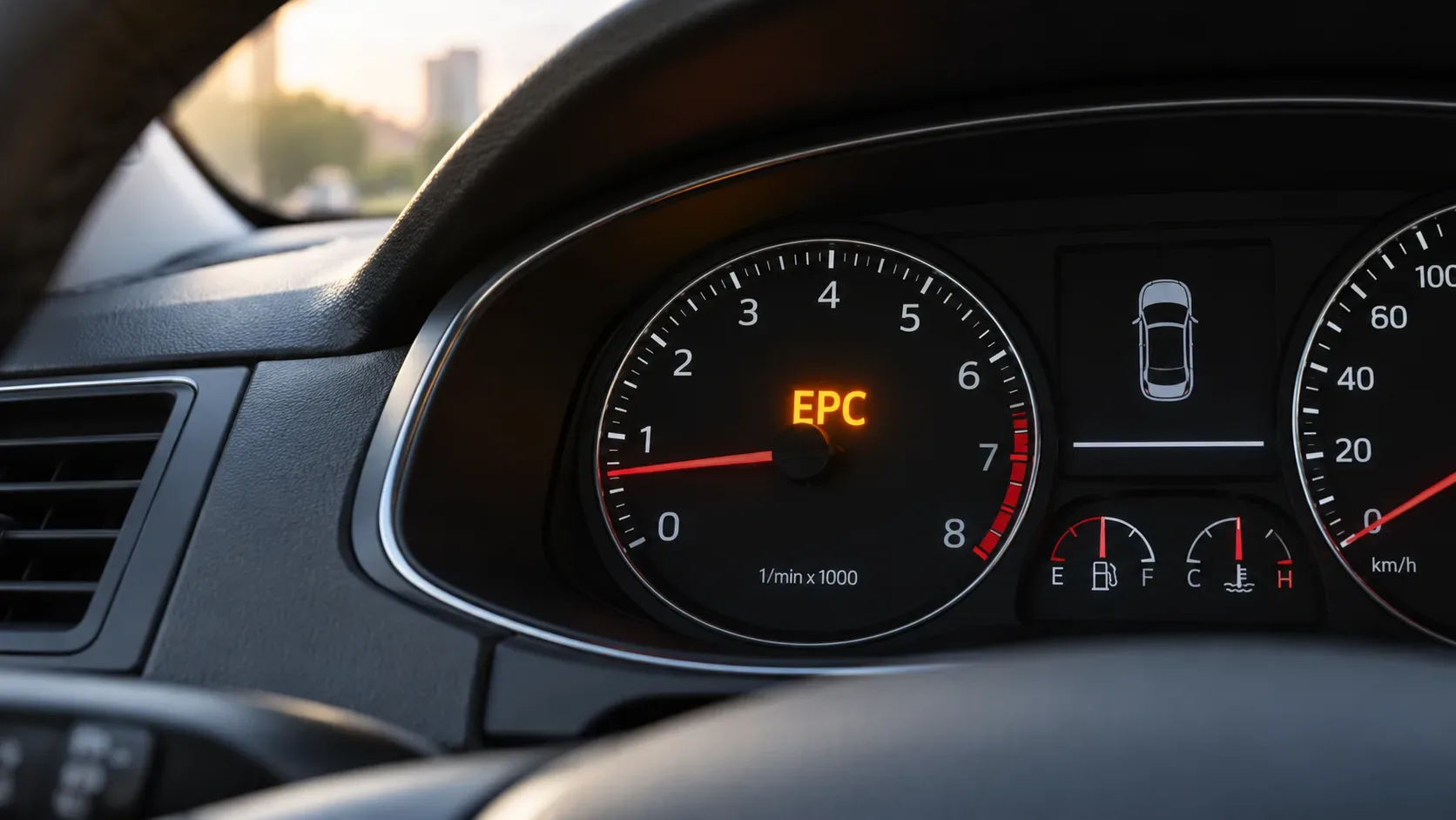 Close do painel de um carro com a luz EPC âmbar acesa no conta-giros, volante em primeiro plano e rua desfocada ao fundo.