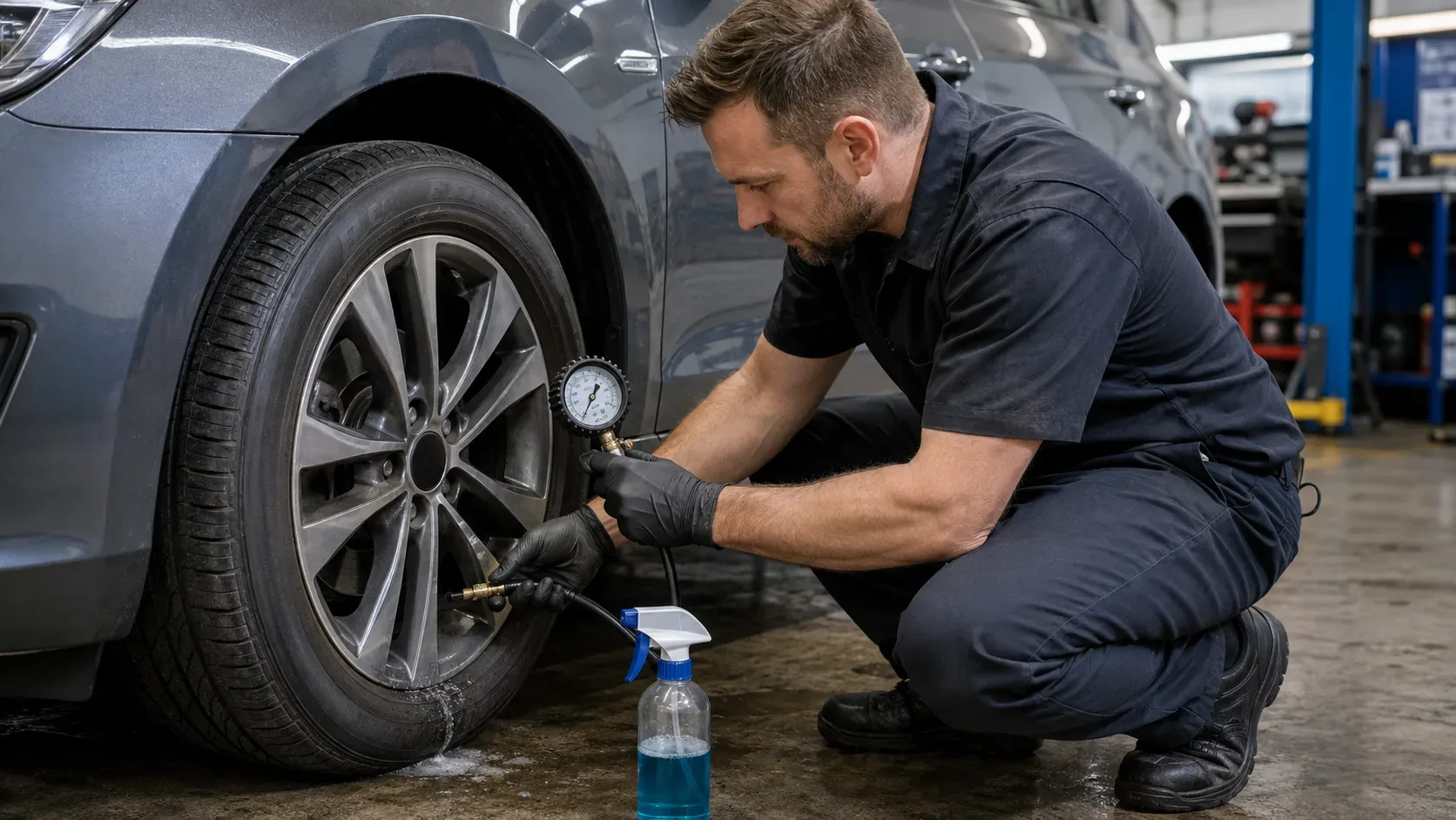 Mecânico agachado ao lado de um carro verifica a pressão do pneu com manômetro e inspeciona válvula e borda do aro com solução espumante em uma oficina.