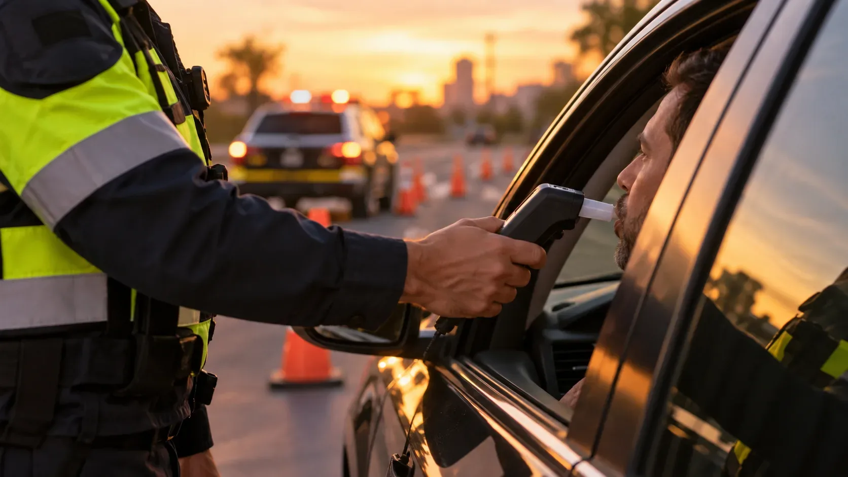 Agente de trânsito aplica teste do etilômetro em motorista durante fiscalização viária ao entardecer.