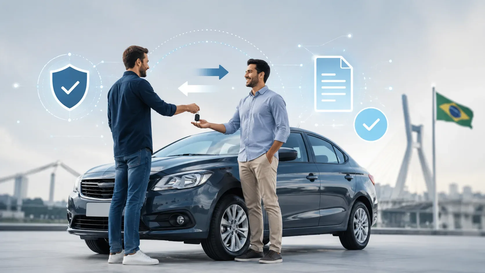Dois homens trocam a chave de um carro usado diante de elementos gráficos de transferência digital, segurança e documento eletrônico, com referência visual ao Brasil.