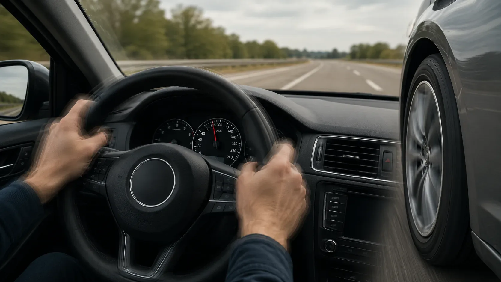 Motorista segura um volante com efeito de vibração perto de 90 km/h em uma rodovia, com a roda dianteira do carro em destaque.