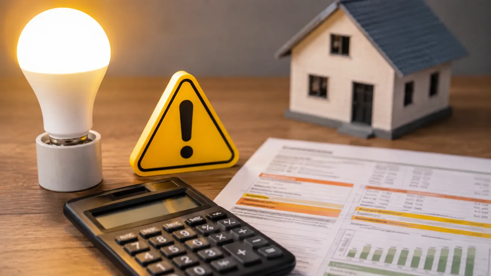 Calculadora ao lado de uma conta de energia com destaque para o consumo em kWh e o adicional da bandeira amarela