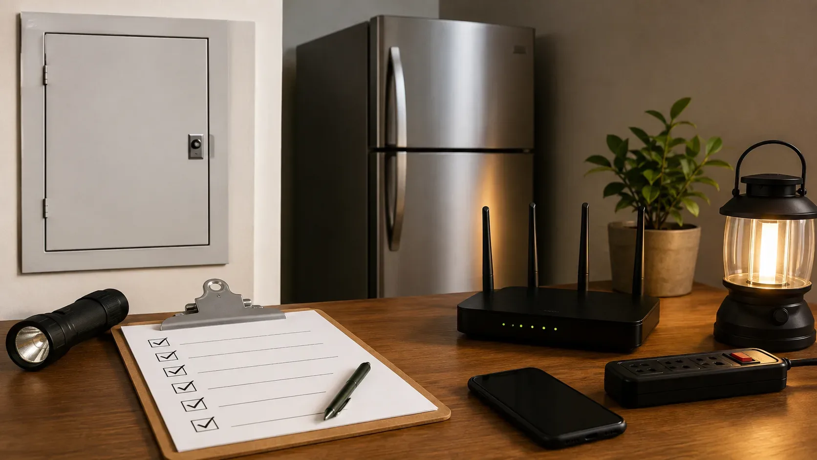 Itens domésticos para revisar antes de interrupções de energia, com quadro elétrico fechado, geladeira, roteador e lista de contatos.