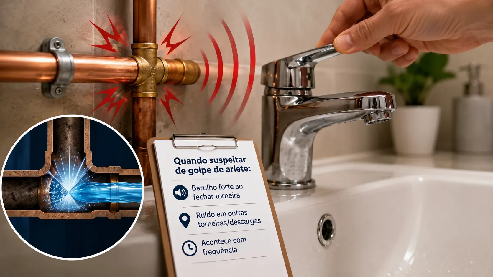 Torneira sendo fechada ao lado de tubulação de cobre com sinais gráficos de impacto, detalhe em corte do fluxo de água e prancheta de diagnóstico.