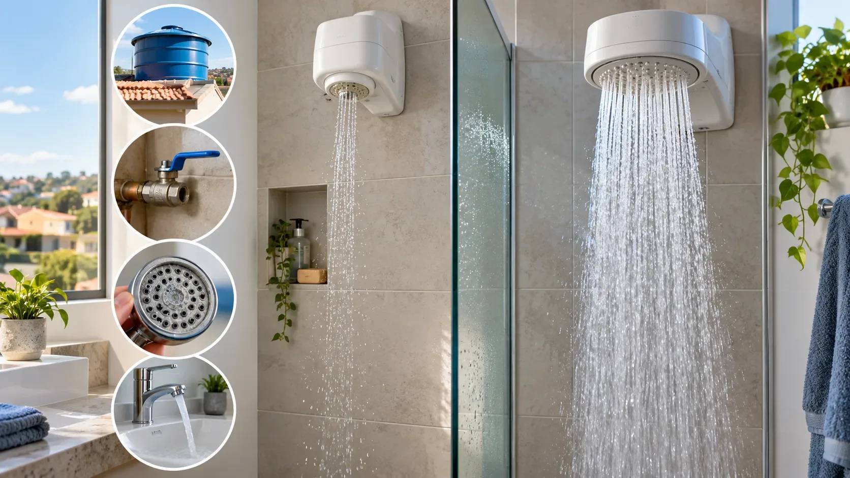 Banheiro com dois chuveiros lado a lado, um com jato fraco e outro com fluxo forte, acompanhado de detalhes de caixa-d'água, registro, espalhador e torneira.