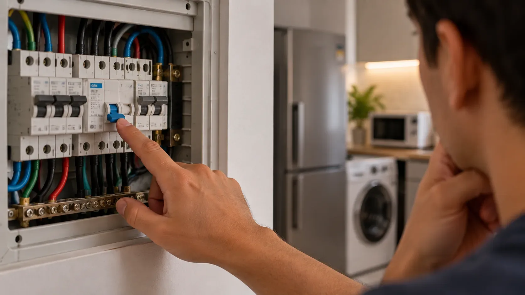 Mão diante de um quadro elétrico residencial aberto visualmente pela porta, com dispositivo DR e disjuntores visíveis, enquanto um morador observa o painel.
