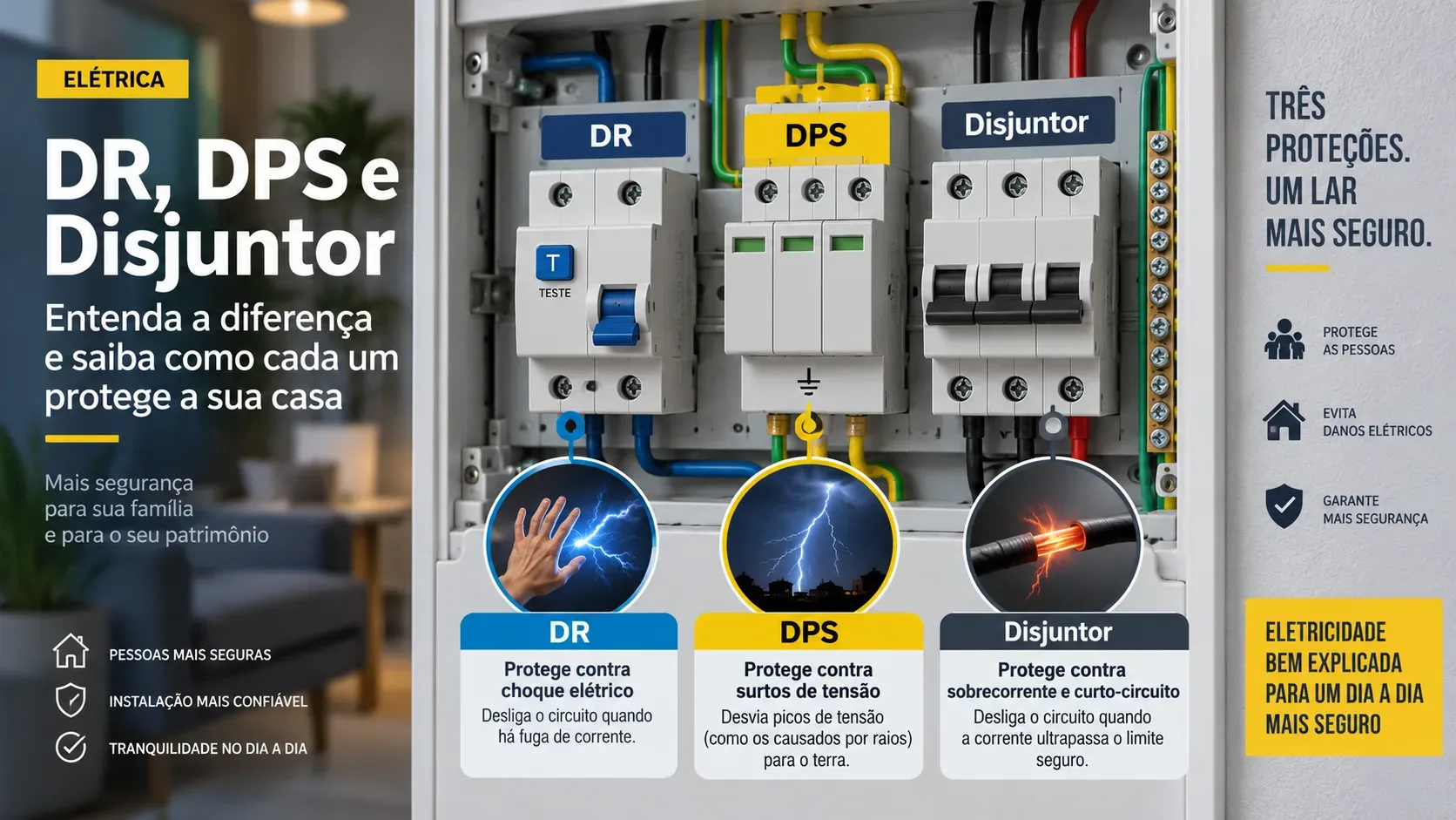 Quadro elétrico residencial aberto com DR, DPS e disjuntor identificados, acompanhados por elementos gráficos que associam cada dispositivo a choque, surto e sobrecorrente.