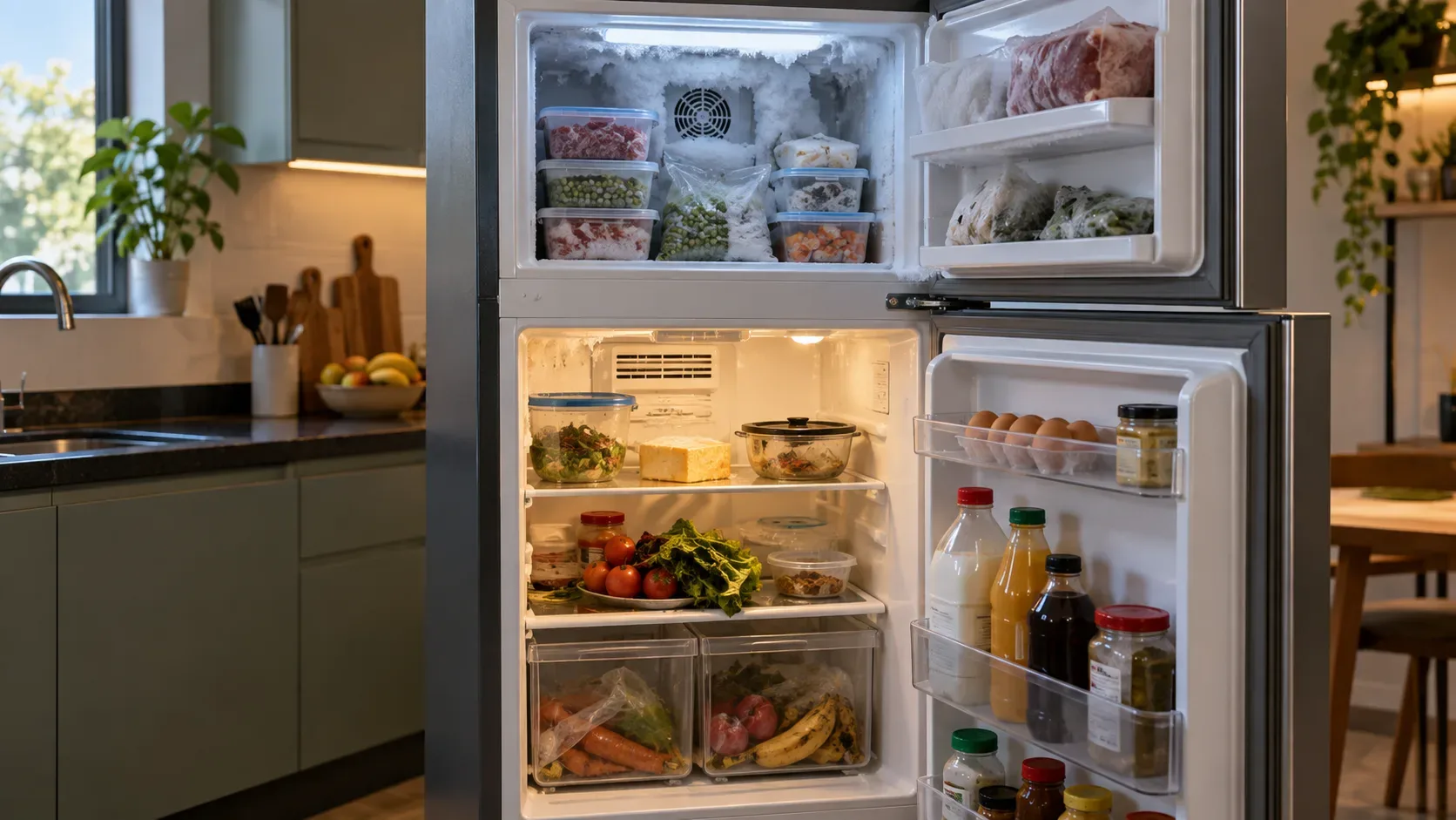 Geladeira duplex aberta em cozinha, com freezer superior muito frio e com gelo ao redor do ventilador, enquanto o compartimento inferior aparece mais quente e abastecido.