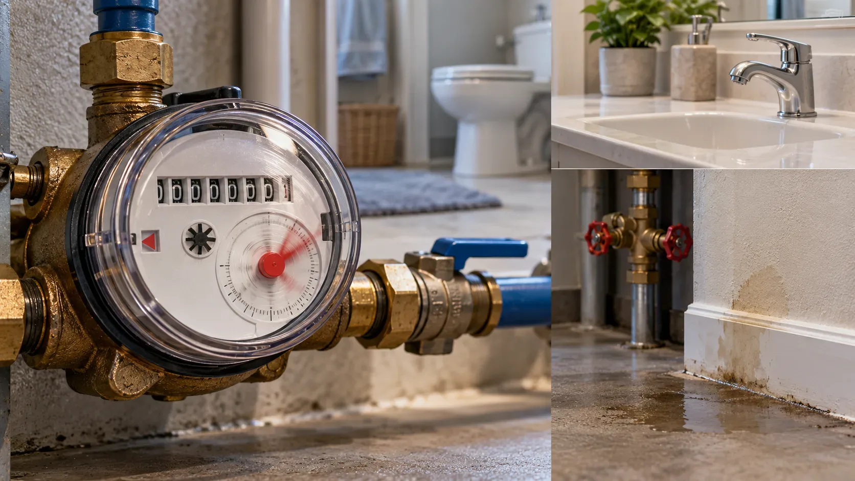 Hidrômetro em destaque com indicador de fluxo, torneira fechada e sinais de umidade junto ao rodapé.