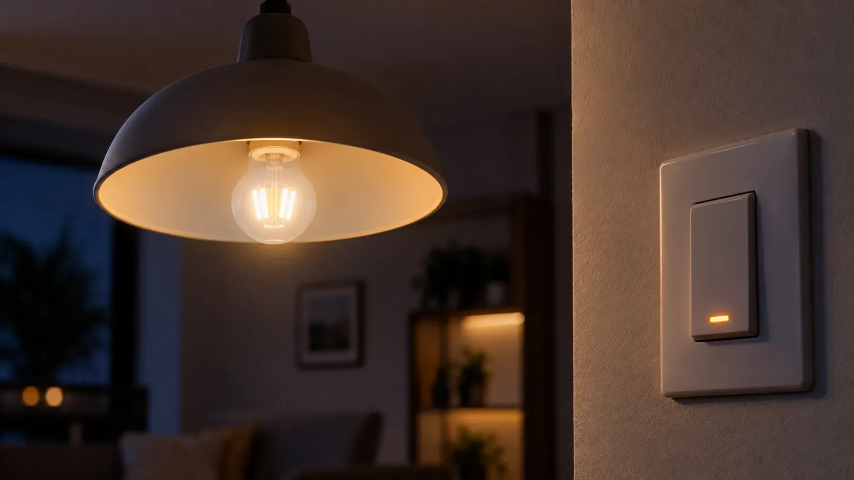 Lâmpada LED com brilho âmbar sob pendente ao lado de interruptor com luz indicadora em ambiente escuro.