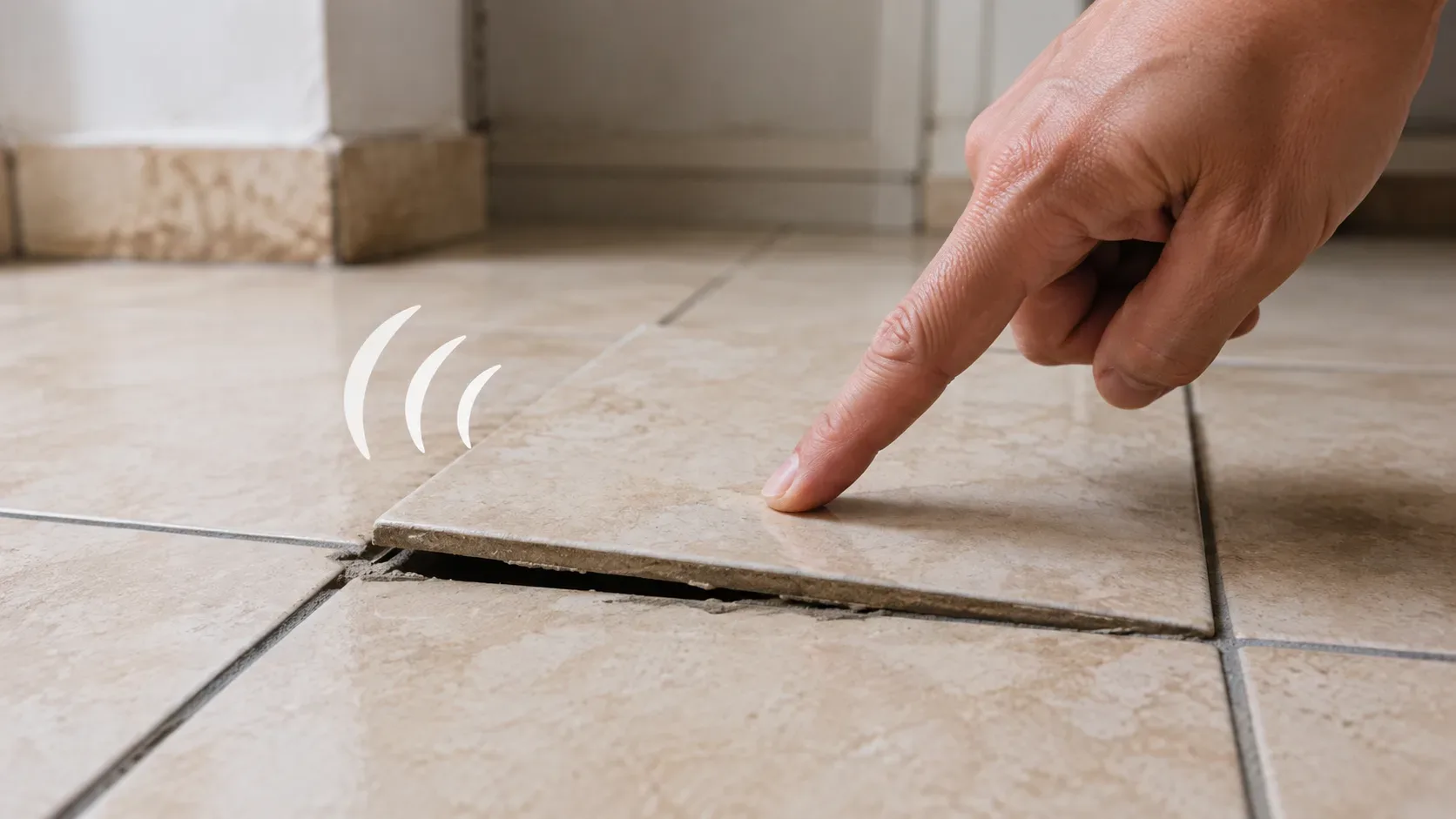 Mão pressionando uma placa de piso cerâmico bege levantada sobre uma abertura escura, com marcas visuais de ondas de som ao lado.