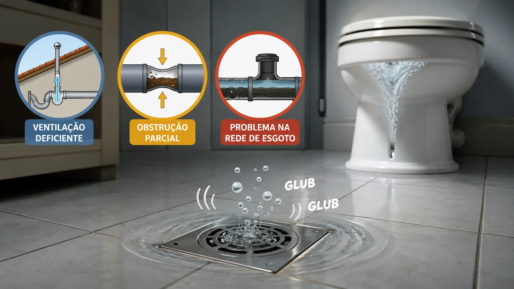 Banheiro com vaso sanitário em descarga e ralo no piso borbulhando, ao lado de três diagramas que indicam ventilação deficiente, obstrução parcial e problema na rede de esgoto.