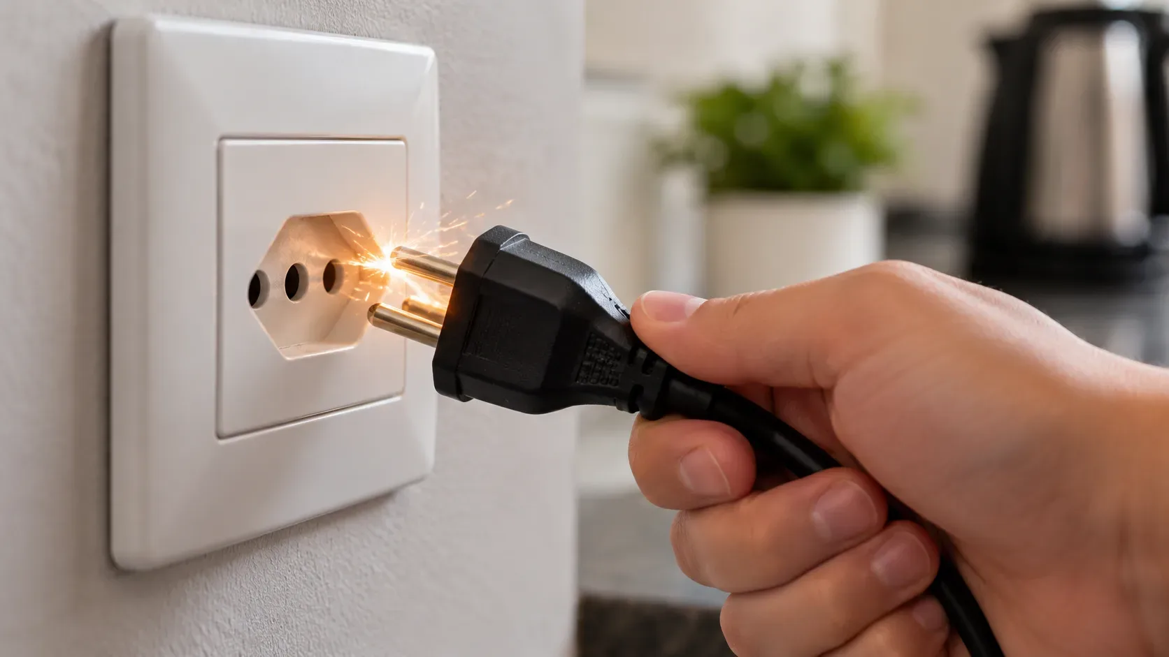 Mão conecta um plugue preto a uma tomada branca enquanto uma pequena faísca surge no ponto de contato, em ambiente doméstico.