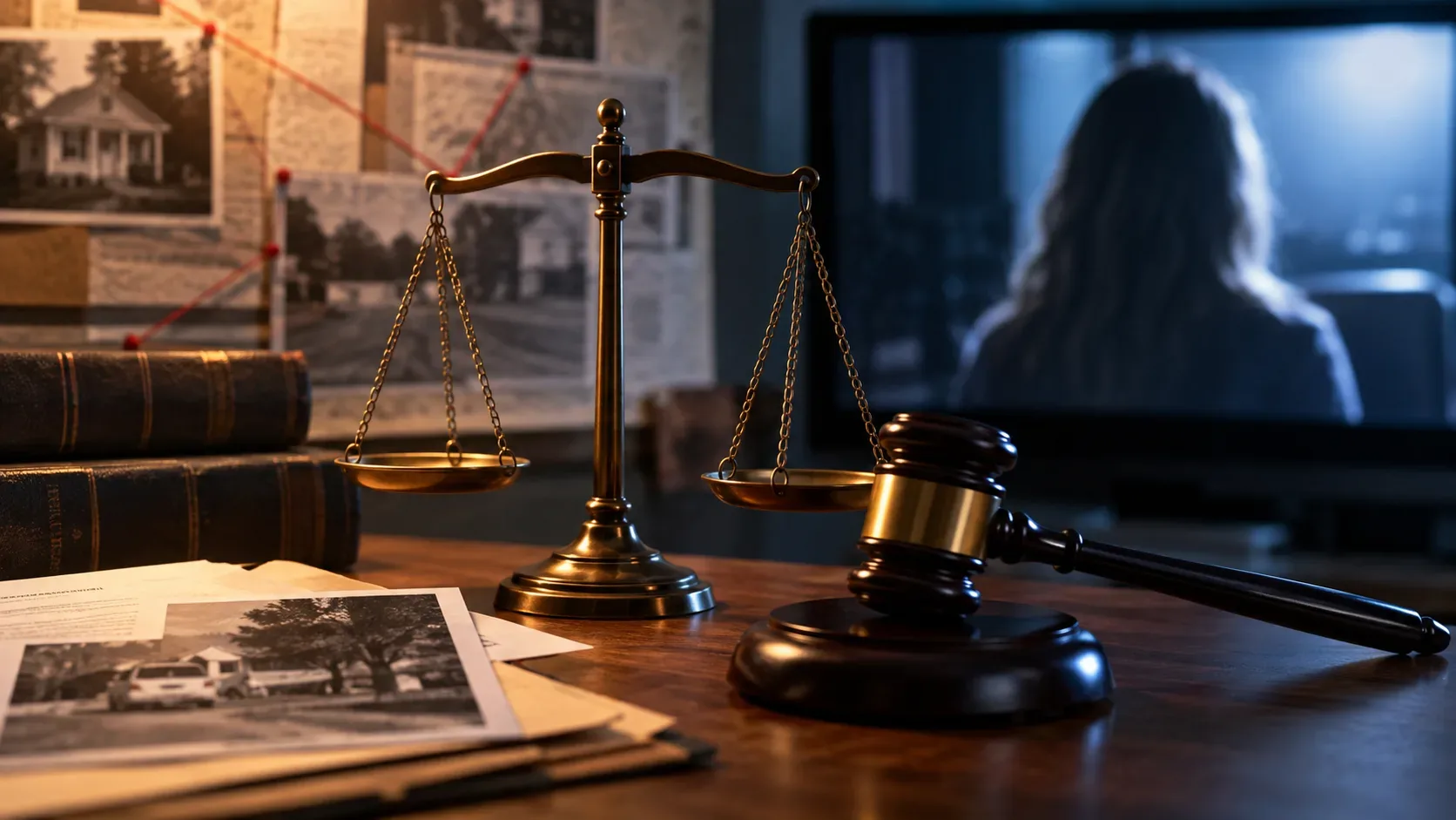 Balança da Justiça e martelo sobre mesa com documentos de investigação, fotografias e painel de evidências ao fundo.