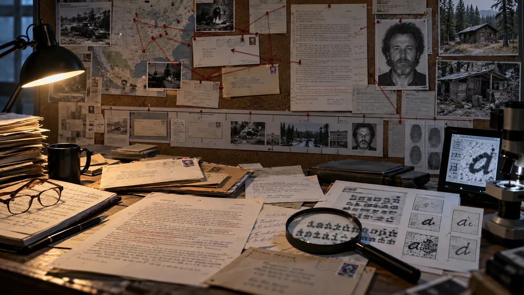 Painel de investigação com cartas, documentos datilografados, lupa, análise forense e fotos de um suspeito e de uma cabana.