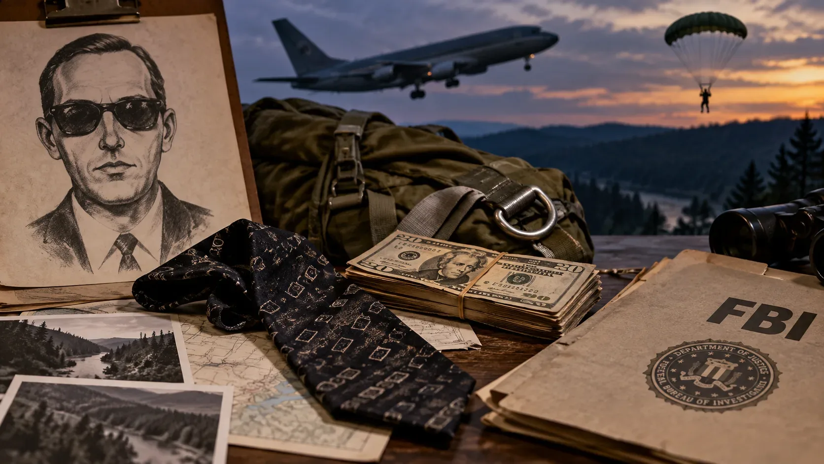 Composição investigativa com retrato falado de D.B. Cooper, gravata escura, maços de notas, equipamento de paraquedas, pasta do FBI e avião ao fundo.