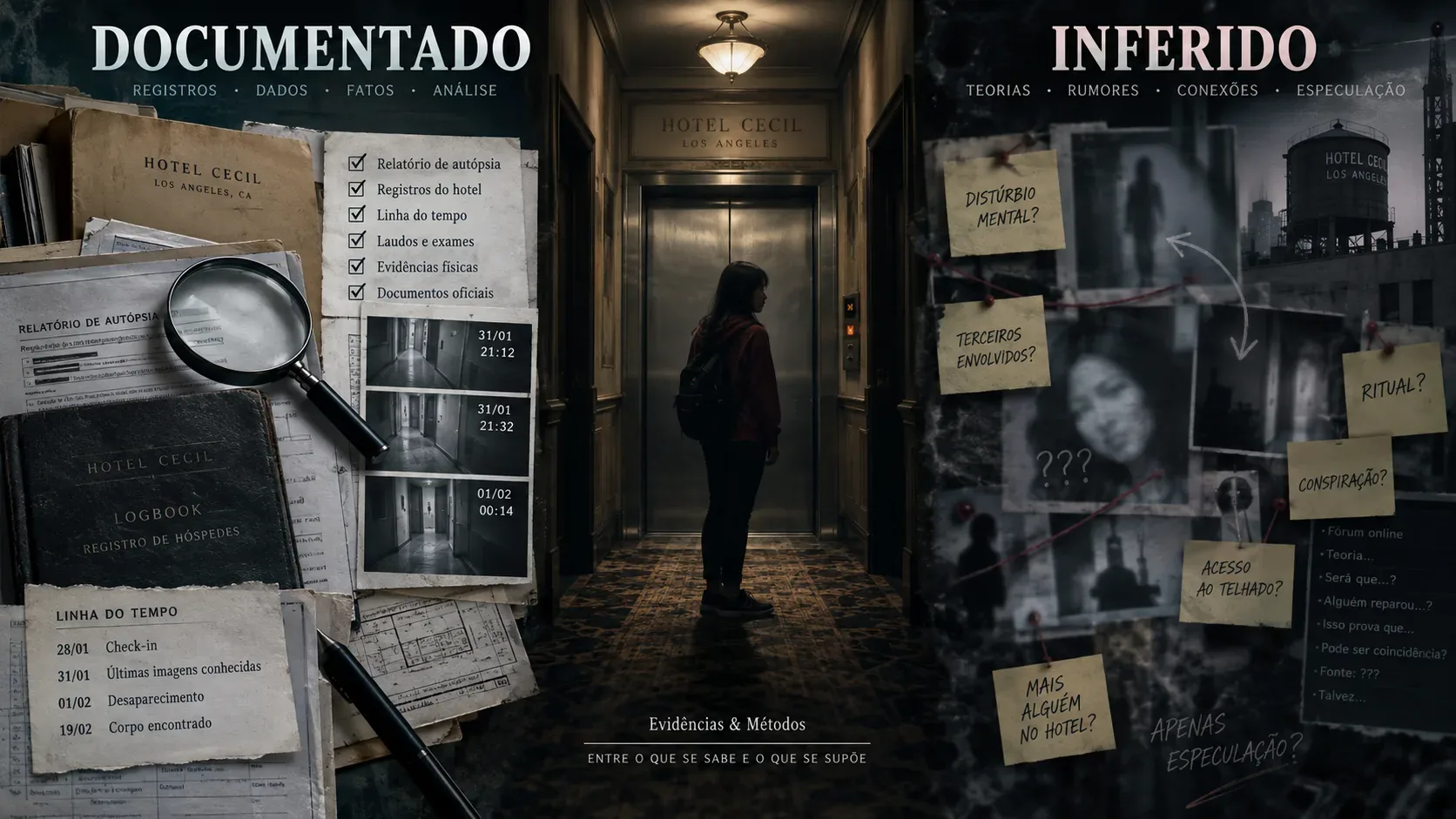 Composição dividida entre documentos e evidências do Cecil Hotel à esquerda, elevador com figura feminina ao centro e painel de teorias e perguntas à direita.