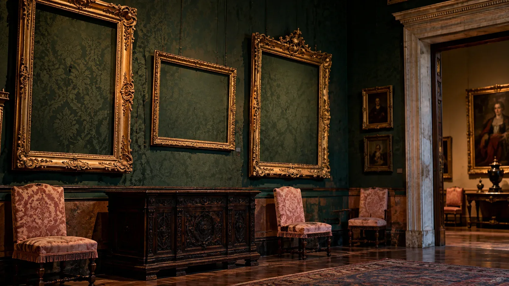 Galeria de museu com paredes verdes ornamentadas, três molduras douradas vazias e cadeiras antigas sob iluminação discreta.