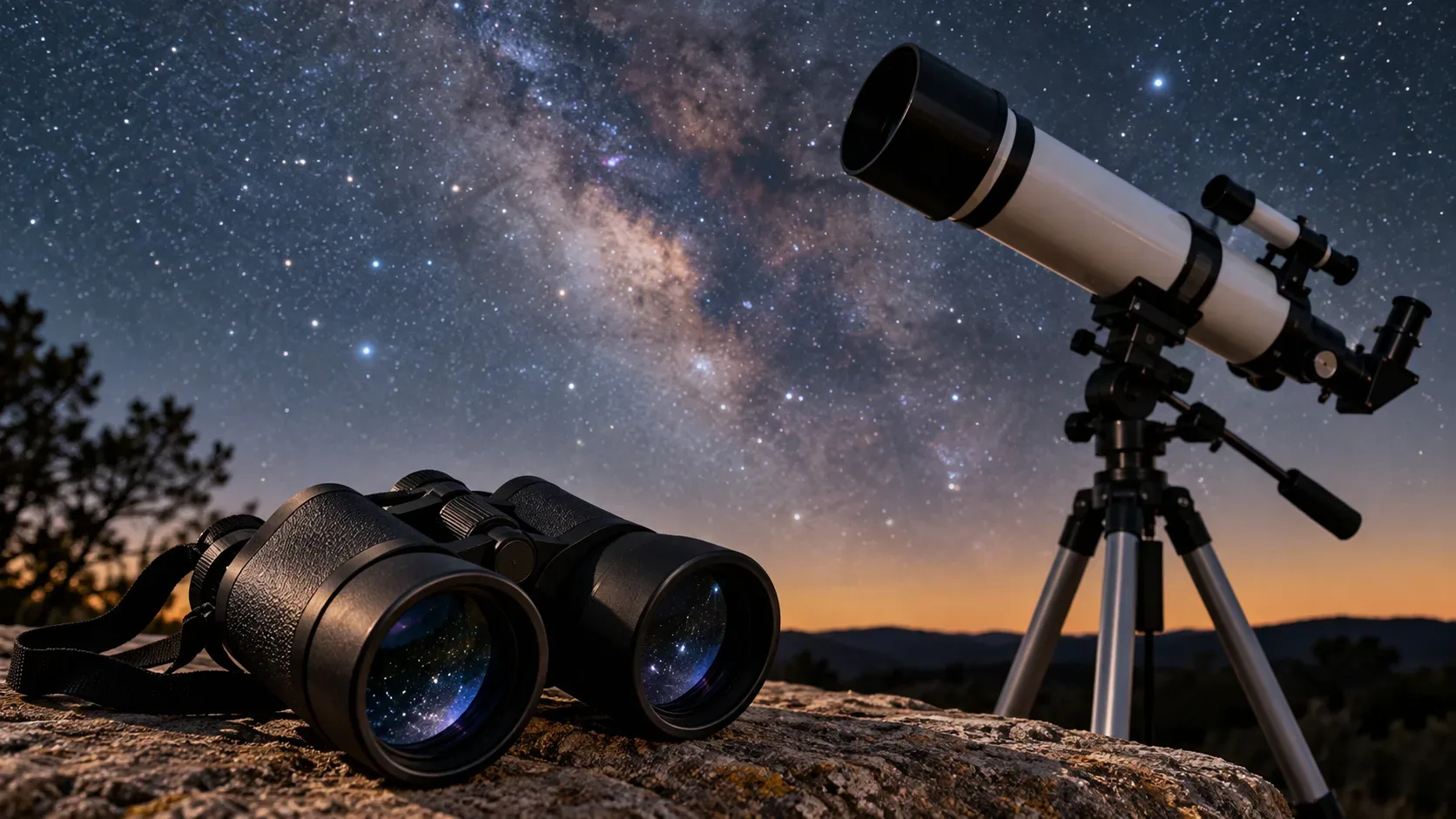 Binóculo preto sobre uma rocha ao lado de um telescópio em tripé sob um céu estrelado com a Via Láctea.