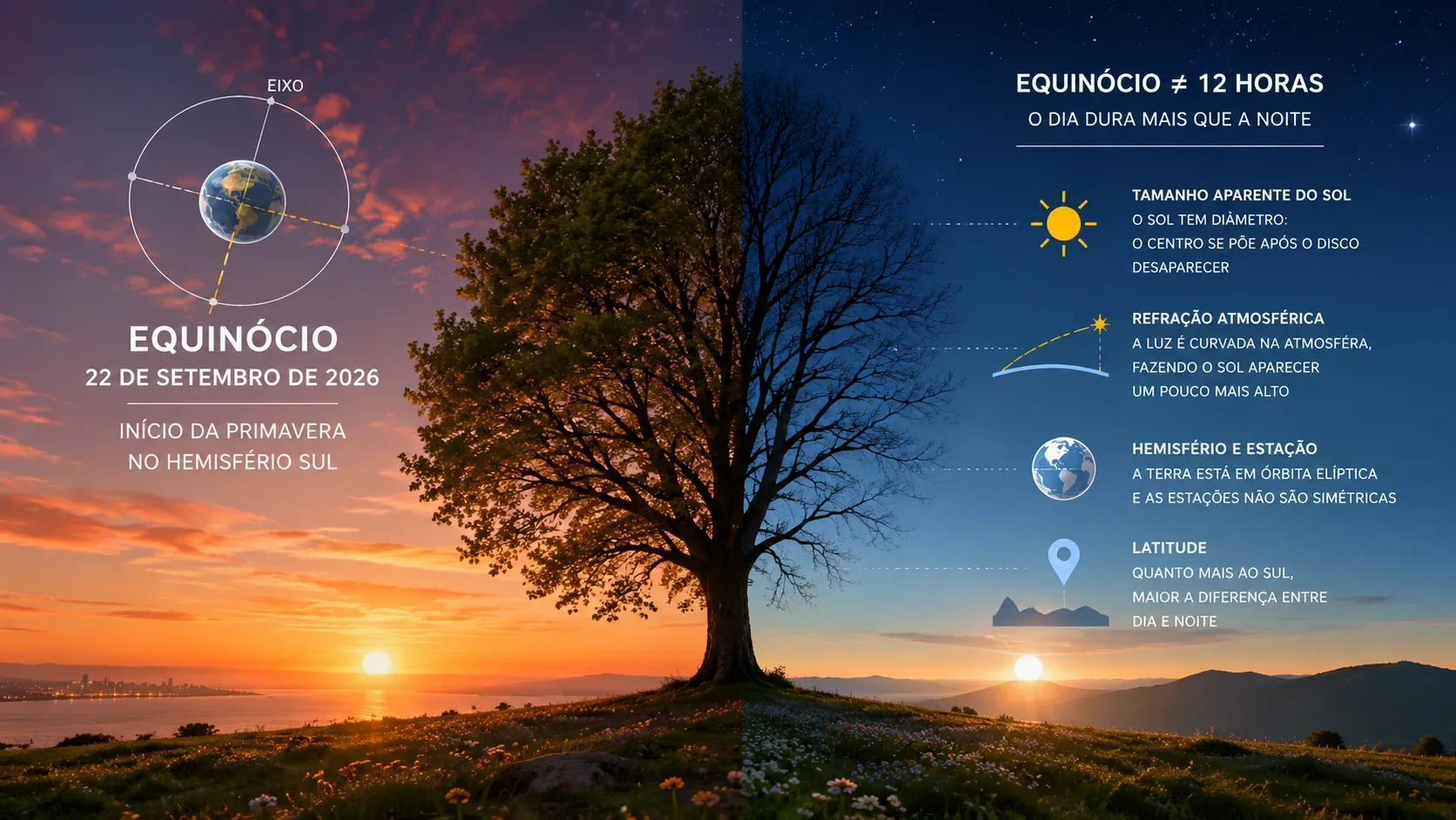 Paisagem dividida entre entardecer e céu estrelado, com árvore central metade frondosa e metade sem folhas, além de esquemas do equinócio e da duração do dia.
