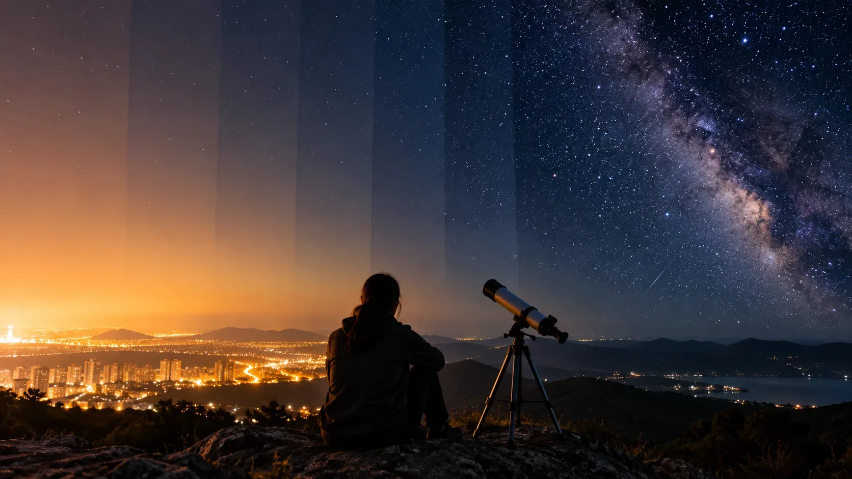Observador com telescópio diante de um céu noturno que passa do brilho urbano alaranjado para uma região escura com Via Láctea visível.