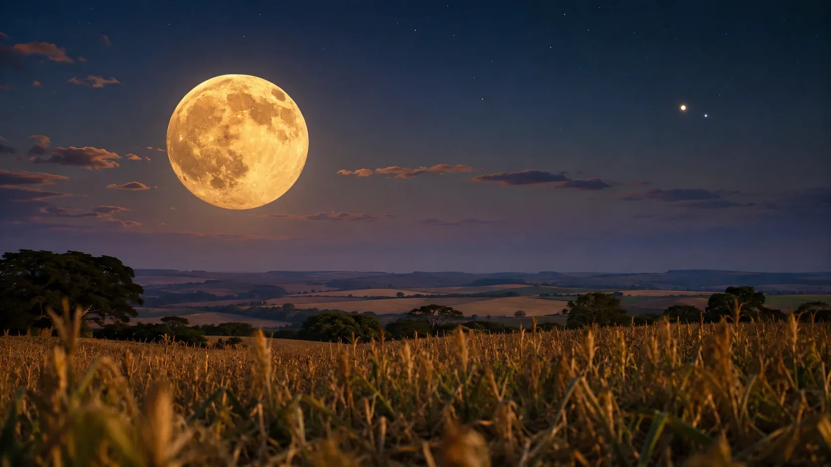 Lua cheia dourada surgindo sobre uma paisagem rural ao entardecer, com céu azul-escuro e dois pontos luminosos à direita.