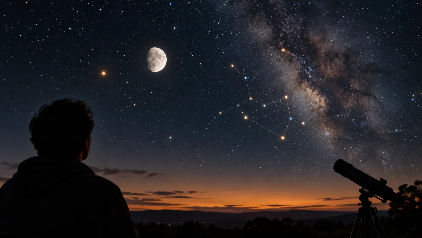 Observador e telescópio sob céu estrelado, com Lua iluminada, uma estrela alaranjada e a região de Sagitário diante da faixa da Via Láctea