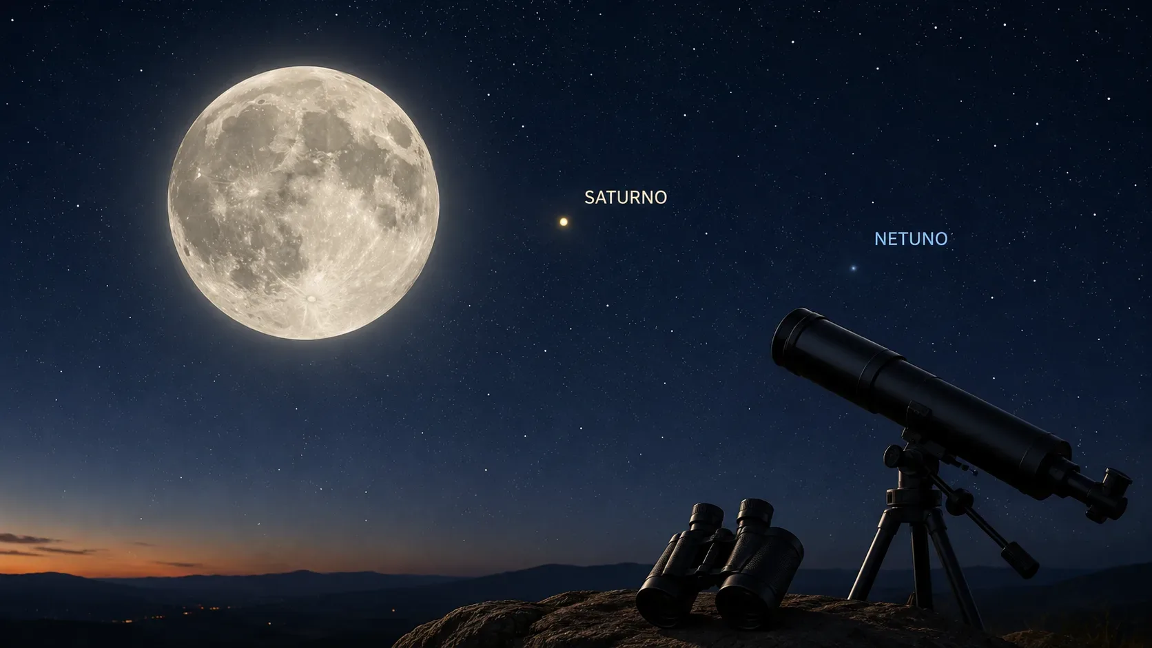 Lua cheia em céu estrelado com Saturno e Netuno assinalados ao lado, enquanto binóculos e um telescópio aparecem em primeiro plano.