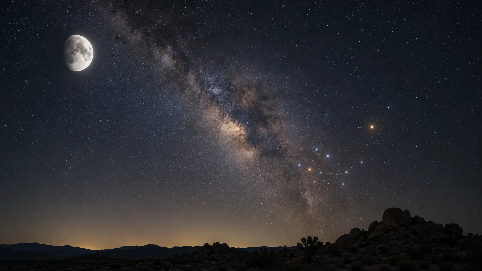 Lua brilhante sobre horizonte montanhoso sob a faixa da Via Láctea, com uma estrela avermelhada e um agrupamento de estrelas sugerindo o Bule de Sagitário.