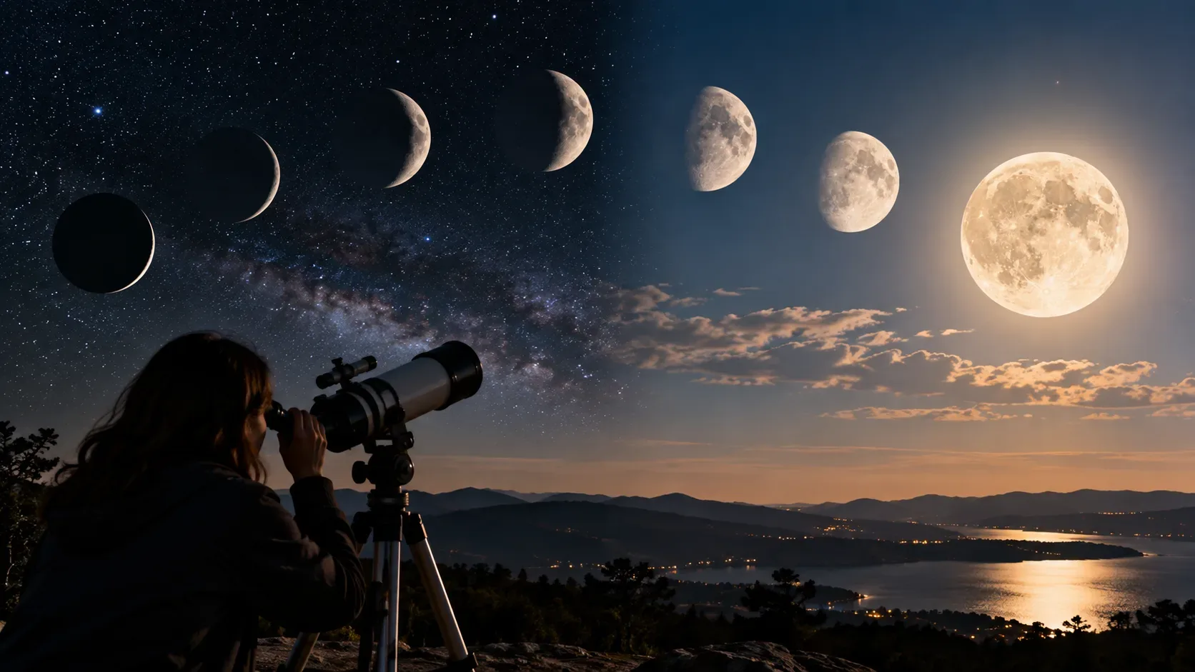 Observadora ao telescópio sob céu estrelado, com uma sequência ilustrativa de fases da Lua e Lua cheia refletida em um lago.