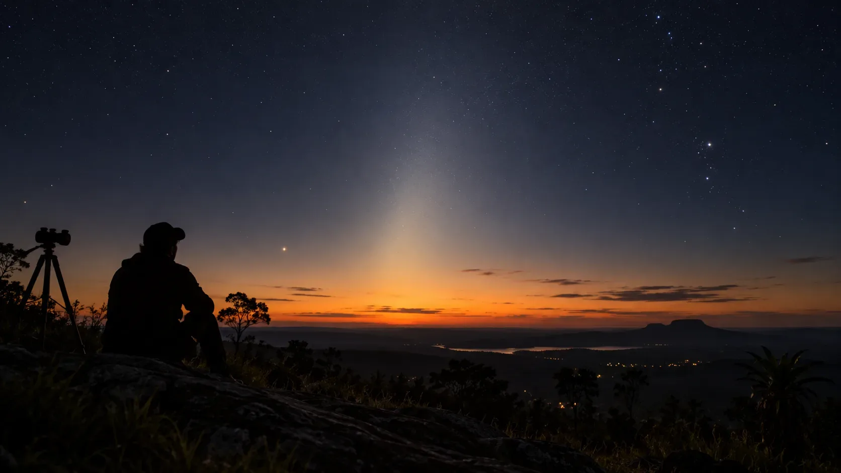 Observador em silhueta ao lado de um tripé diante de um céu estrelado, com um cone claro de luz zodiacal subindo do horizonte oeste após o pôr do sol.