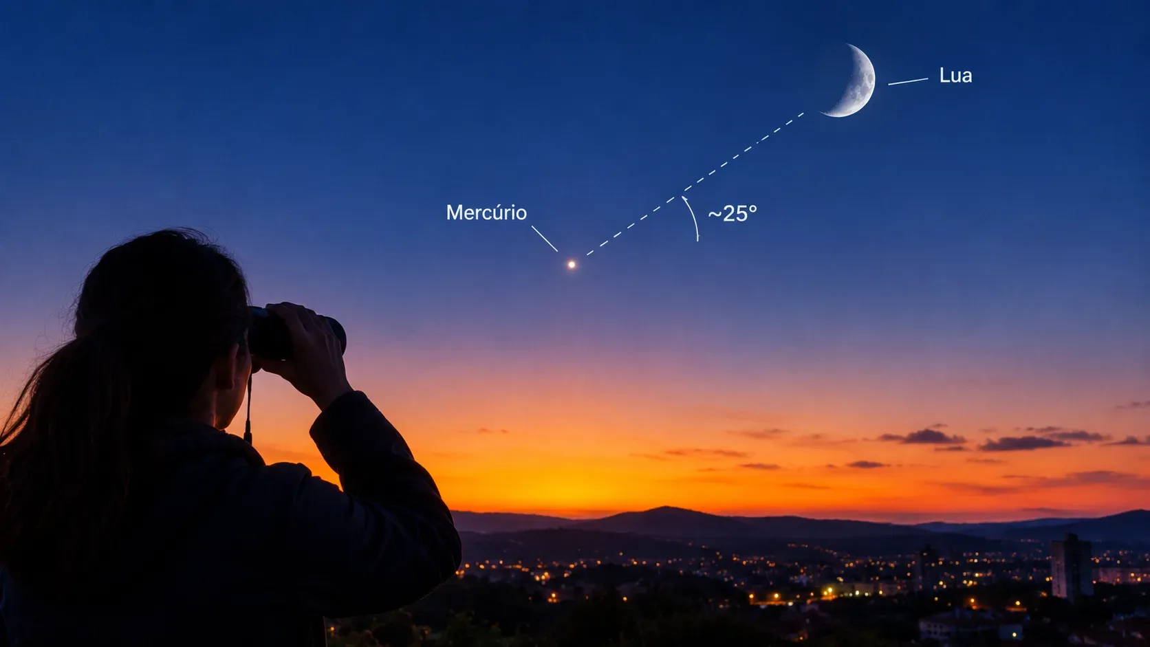 Céu de crepúsculo sobre silhueta urbana, com um ponto brilhante representando Mercúrio e uma ampliação circular do planeta parcialmente iluminado.