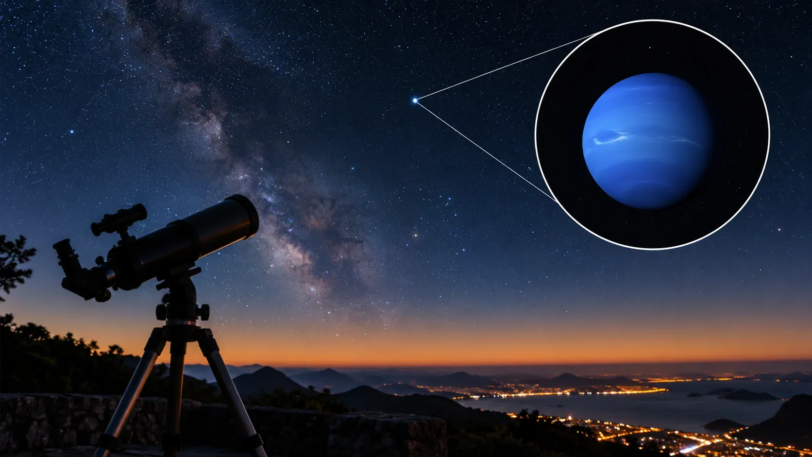 Telescópio apontado para um céu estrelado ao anoitecer, com Netuno ampliado em destaque e luzes urbanas no horizonte.