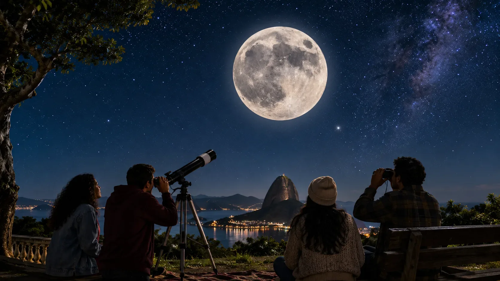 Grupo observa uma Lua grande no céu noturno brasileiro com telescópio e binóculos em um mirante urbano.