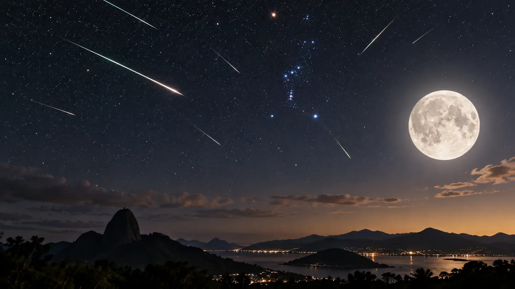 Céu estrelado com vários meteoros e Lua brilhante sobre montanhas e uma baía iluminada à noite.