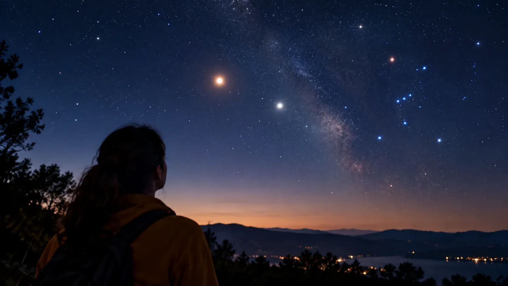 Pessoa de costas observando um céu noturno estrelado sobre montanhas e um lago, com pontos celestes brilhantes e a Via Láctea ao fundo.