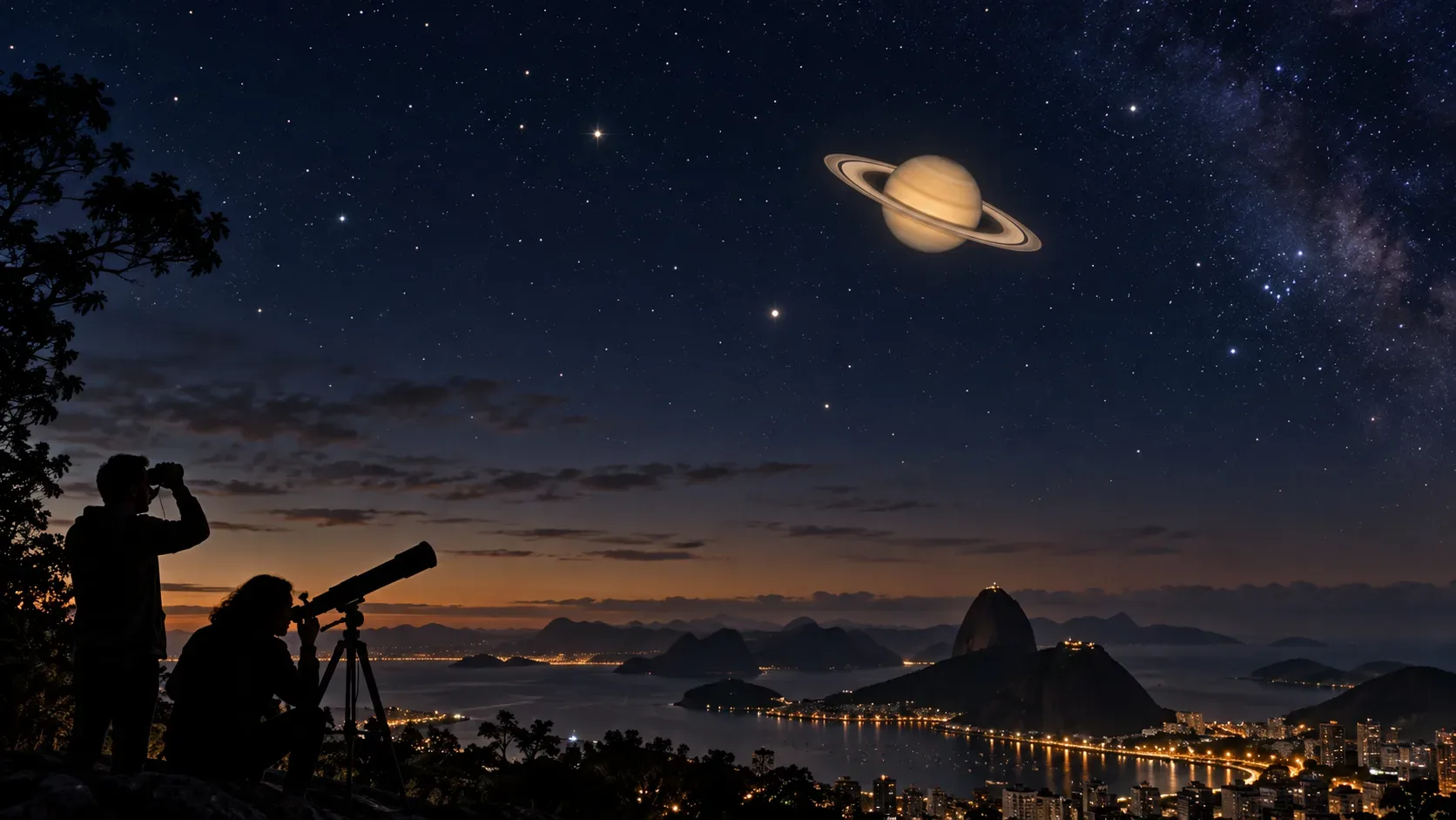 Duas pessoas observam um céu estrelado com binóculo e telescópio sobre uma paisagem urbana costeira brasileira, enquanto Saturno e seus anéis aparecem em destaque.