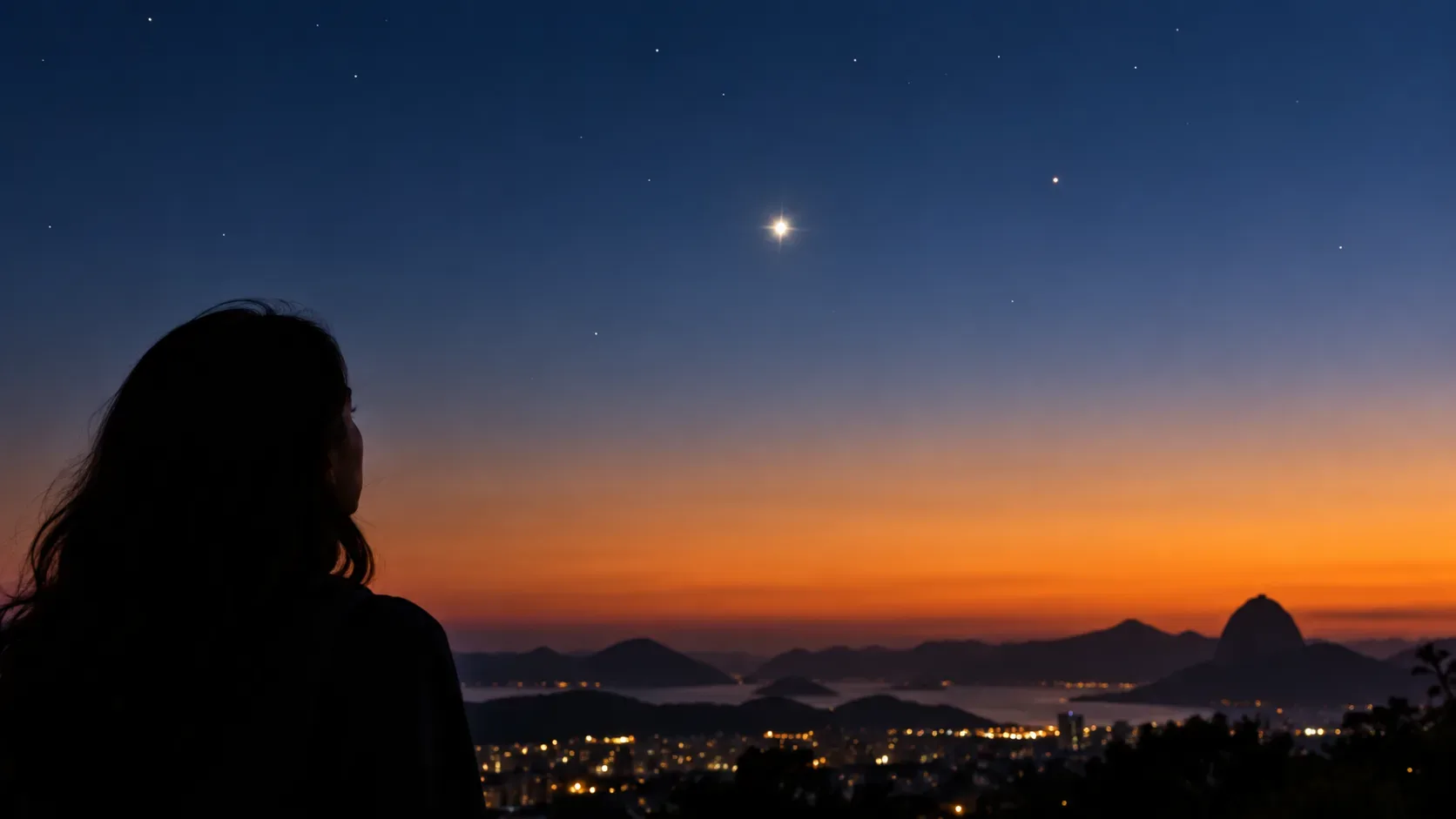 Pessoa em silhueta observa um ponto muito brilhante no céu do entardecer acima de uma cidade, água e montanhas.
