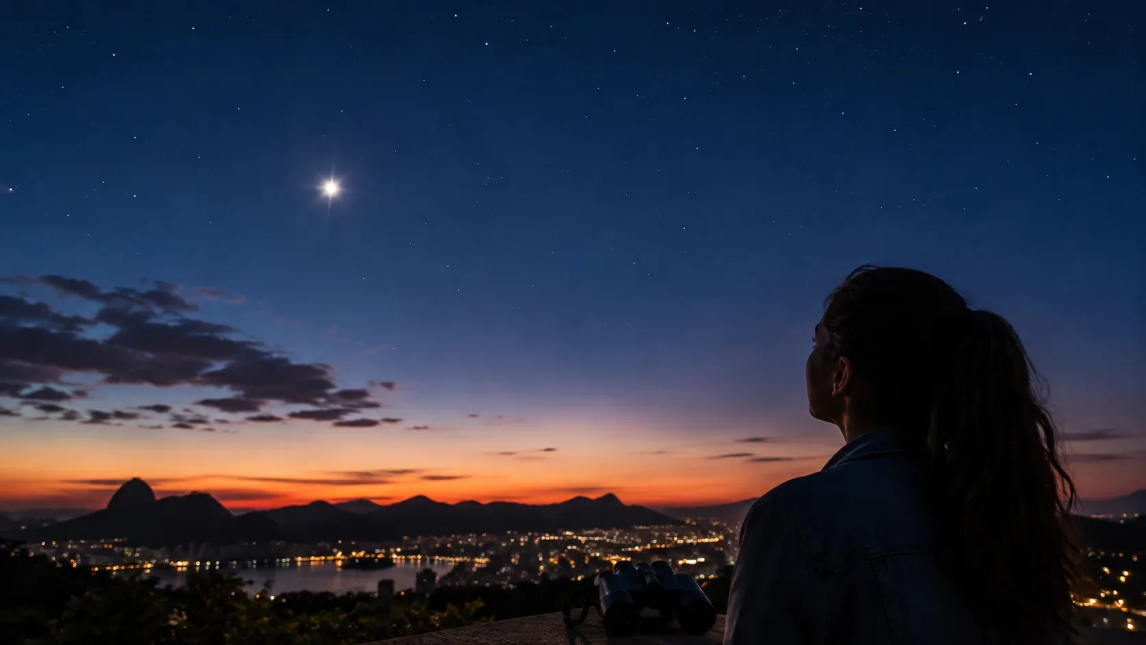 Observadora diante do céu do crepúsculo com Vênus muito brilhante baixo no oeste, cidade e montanhas ao fundo e binóculos apoiados em primeiro plano.